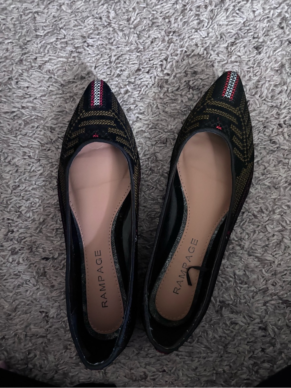 Rampage Black Pointed Toe Embroidered Flats with Multicolor Accents